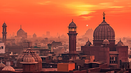 Wall Mural - A beautiful sunset over a city with a large red building in the background.