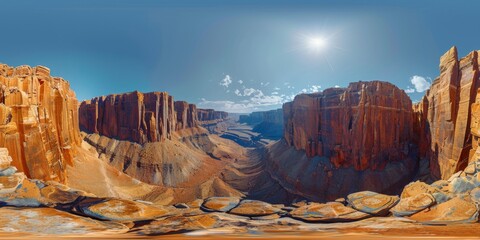 Wall Mural - An immersive 360-degree panorama of an exoplanetary canyon, with sheer cliffs and winding gorges carving through the landscape