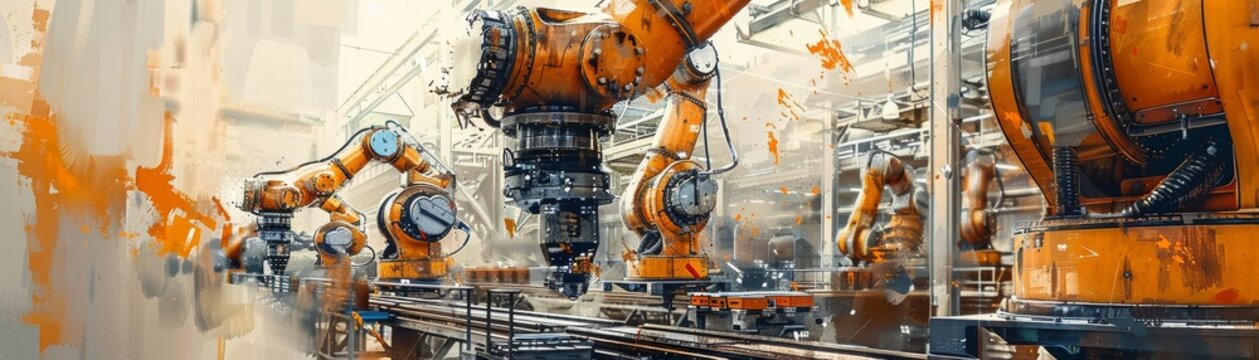 Orange industrial robotic arms in an automated factory assembly line, showcasing advanced manufacturing and modern automation technology.