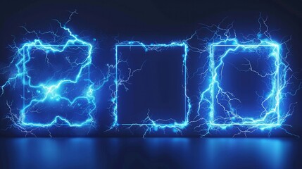 Poster - Lightning frames, blue electric borders of rectangular and square shapes with thunder bolt effect. Isolated photo frames with thunderbolt impact, magical energy flash, realistic 3D vector bolts set 