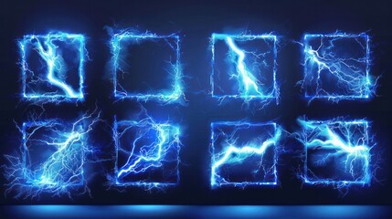 Poster - Lightning frames, blue electric borders of rectangular and square shapes with thunder bolt effect. Isolated photo frames with thunderbolt impact, magical energy flash, realistic 3D vector bolts set 