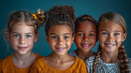 photo portrait of five 10 year old children: two caucasians, one latino, one african-american, one eurasian, smiling faces,