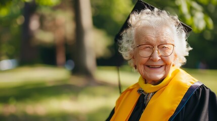 Happy senior graduate outdoors wearing yellow academic sash   realistic portrait