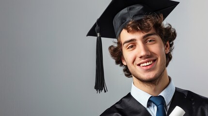 Realistic photo of young man with diploma and graduation cap, symbolizing academic achievement