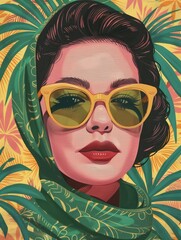 Wall Mural - Italian woman with sunglasses and a green scarf, vibrant colors, pop art