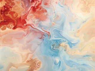 Wall Mural - Abstract painting of light blue, red and orange colors, swirling patterns, fluid shapes