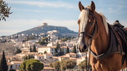 A beautiful horse set against the background of the ancient city of Athens