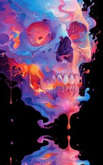 Wall Mural - Melting vibrant neon colors skull illustration on black background