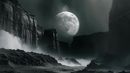 Wall Mural - The canyon is engulfed in a ghostly mist its shape shifting and contorting in the moons pale light as if trying to hide the secrets of the past within its ethereal depths.