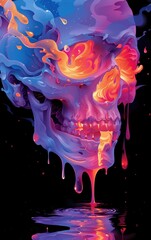 Wall Mural - Melting vibrant neon colors skull illustration on black background