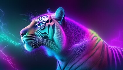 Sticker - Profile of tiger in neon colors against a dark background