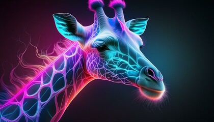 giraffe outlined in bright neon colors on black background