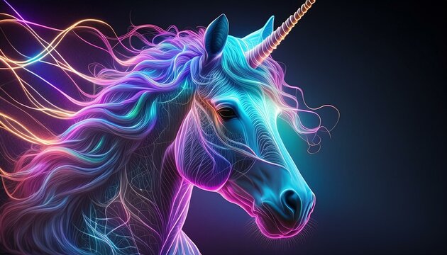 Unicorn with vibrant pink and blue on black background