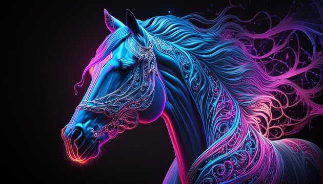 Vibrantly colored horse on black background