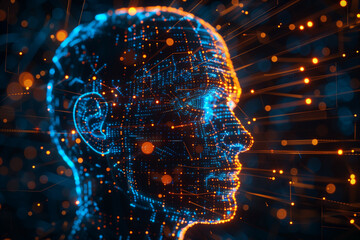 Wall Mural - digital human head of interconnected glowing dots and lines in blue and orange