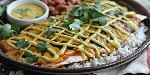 Wall Mural - Delicious plate of enchiladas topped with yellow sauce and cilantro served with rice and beans on a traditional rustic dish