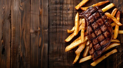 Top view of traditional steak and french fries on wooden table with generous space for adding text