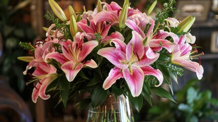 Wall Mural - Large pink striped lilies bouquet