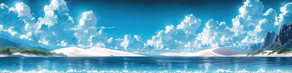 Wall Mural - Majestic Waterfront Panorama with Reflective Azure Waters, Lush Green Islands, and Expansive Blue Sky Adorned with Fluffy White Clouds