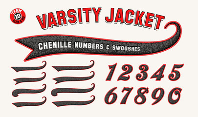 a collection of collegiate varsity style numbers and swooshes with 3d chenille fabric patch effect.