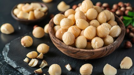 Wall Mural - Macadamia nuts displayed against a dark background