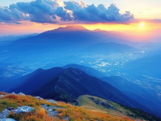 Sticker - Stunning Sunset Over Mountainous Landscape with Vibrant Colors and Serene Valley View - Ideal for Nature and Adventure Enthusiasts