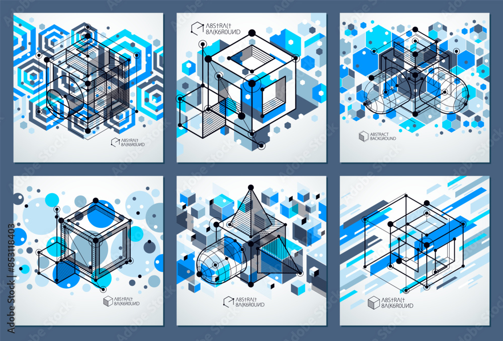 Abstract geometric vector blue backgrounds set with cubes and other ...