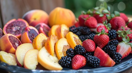 Poster - Mixed fruits and berries on a platter including strawberries peaches blackberries and oranges
