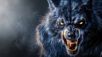 Poster - black fur, yellow eyes; yellow eyes again in the darkness, background is black, smoke emanates from the wolf's maw