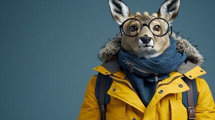  A person in a yellow jacket and glasses is accompanied by a dog also wearing a yellow jacket and a scarf around its neck