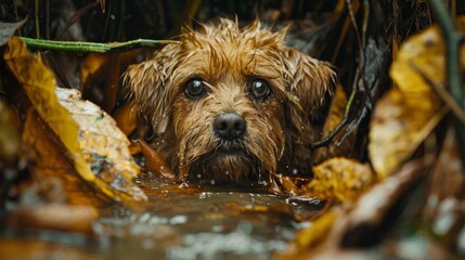Wall Mural -  A tight shot of a soggy dog gazing sadly at the camera from a body of water, surrounded by leaves both on the ground and floating in the water