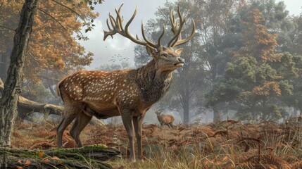 Wall Mural -  A deer stands before forested backdrop, surrounded by other deer and trees Fog permeates both foreground and background