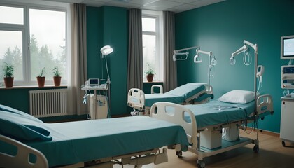 A cozy hospital ward with comfortable beds, modern medical equipment, and soothing lighting, creating a nurturing and serene environment for patients.