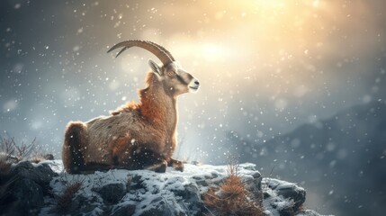 Wall Mural -  A mountain goat atop a snow-covered hill during winter, surrounded by falling snow