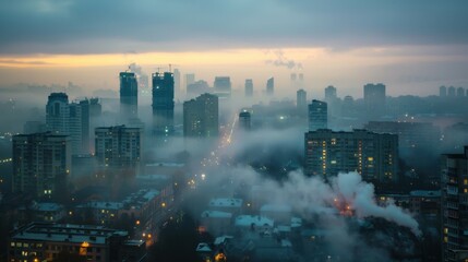 Canvas Print - City center with skyscrapers immersed in fog. High buildings. Early morning glow.