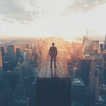 A business professional standing at the top of a skyscraper, looking out over a sprawling cityscape with a determined expression, representing career success. Modern, sleek design, high contrast
