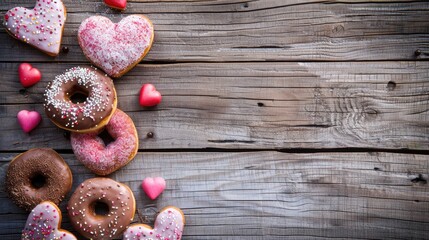 Wall Mural - Heart shaped donuts arranged creatively on a rustic wooden background perfect for a Mother s Day card