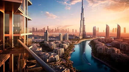 A balcony overlooking a city and ocean with a view of the Burj Khalifa.
