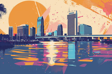 Risograph print travel poster illustration of Jacksonville, Florida, modern, isolated, clear, simple. Artistic, stylistic, screen printing, stencil, stencilled, digital duplication. Banner, wallpaper