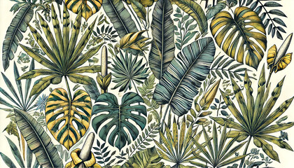 Naklejka na meble Botanical illustration. Tropical seamless pattern. Rainforest, jungle. Palm leaves, monstera, colocasia, banana. Hand drawing for the design of fabric, paper, wallpaper, and notebook covers
