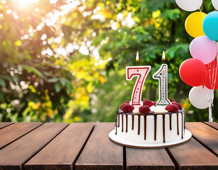 A birthday celebration cake adorned with burning candles with number 71 age, balloons and party ornaments against a green garden	