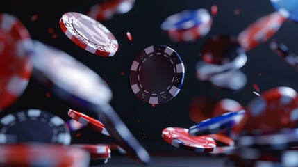 Dynamic close-up of colorful casino chips mid-air, symbolizing gambling excitement and risk in high-resolution.