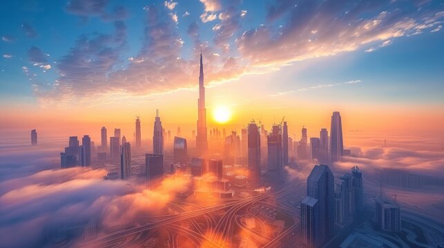 Dubai city center - amazing city skyline with luxury skyscrapers at sunrise, United Arab Emirates 