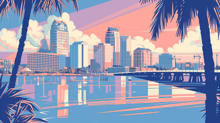 Wall Mural - Risograph print travel poster illustration of Tampa, Florida, modern, isolated, clear and simple. Artistic, stylistic, screen printing, stencil, stencilled, digital duplication	