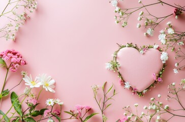 Wall Mural - A pink heartshaped card with delicate flowers around it, pink background