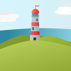 Lighthouse with the red flag on the green island - illustration - sunny summer day - clear sky with two clouds