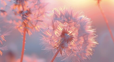Wall Mural - Close Up of a Dandelion With Seeds Blowing in the Wind Against a Soft Pink and Blue Background