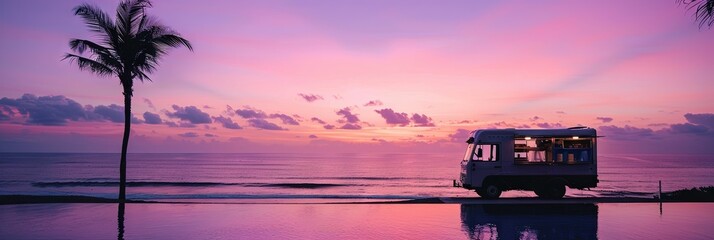 Wall Mural - paradise on a beach, soft purple sunset, ice cream food truck