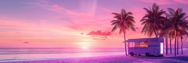 paradise on a beach, soft purple sunset, ice cream food truck