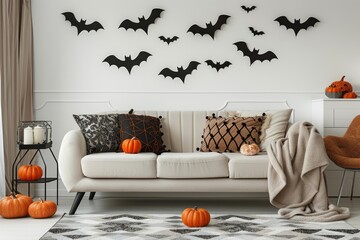 White Sofa Decorated With Halloween Themed Pillows and Pumpkins